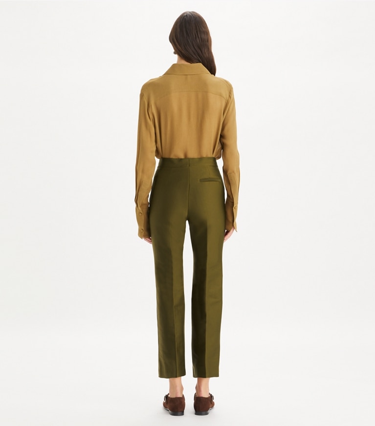Tory Burch designer bottoms Twill Trouser in Dark Oliva front