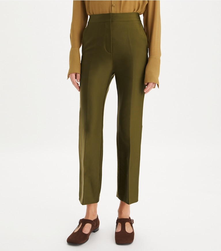 Tory Burch designer bottoms Twill Trouser in Dark Oliva front