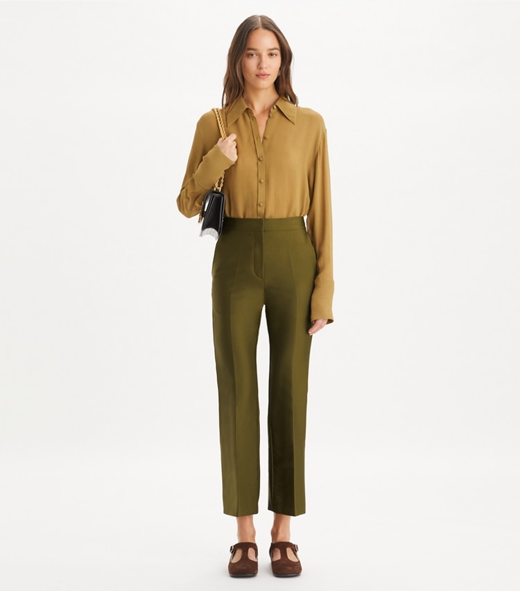 Tory Burch designer bottoms Twill Trouser in Dark Oliva on model front