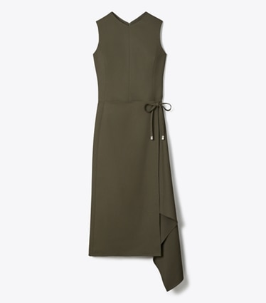 Tory Burch designer dresses Twill Wrap Dress in Olive Pesto front