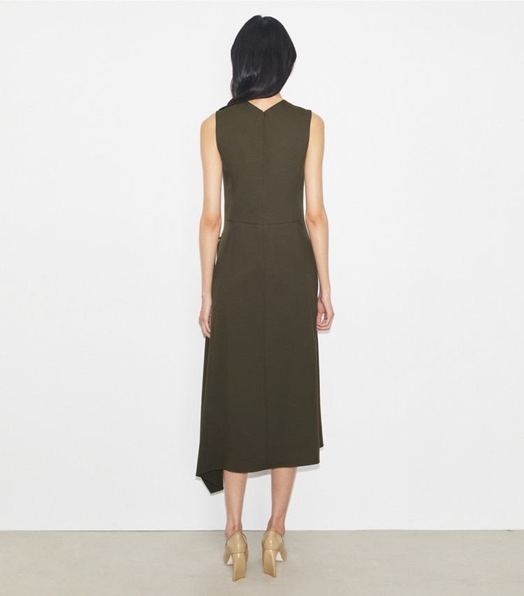 Tory Burch designer dresses Twill Wrap Dress in Olive Pesto on model back