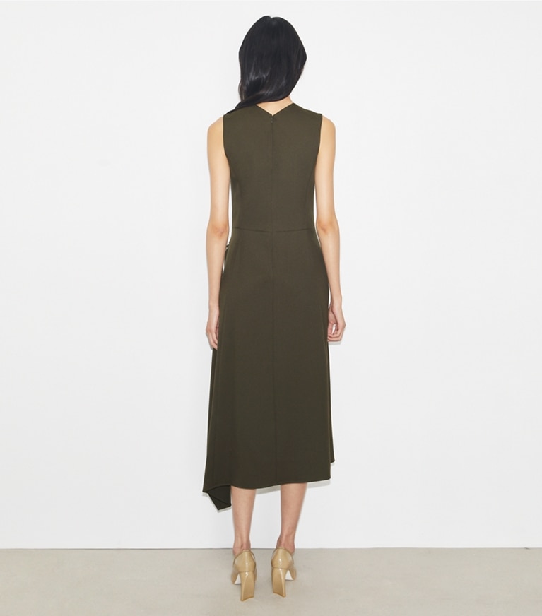 Tory Burch designer dresses Twill Wrap Dress in Olive Pesto front