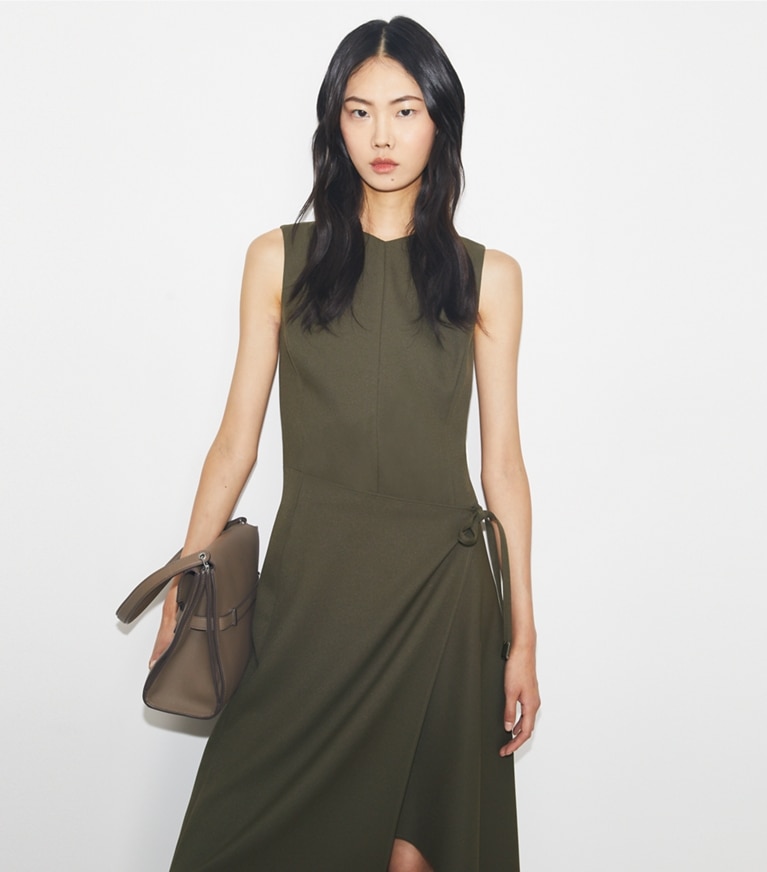 Tory Burch designer dresses Twill Wrap Dress in Olive Pesto front