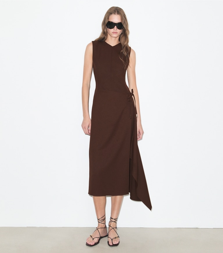 Tory Burch designer dresses Twill Wrap Dress in Light Chocolate on model front