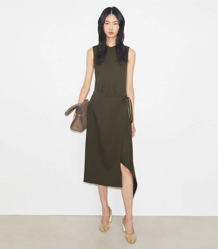 Tory Burch designer dresses Twill Wrap Dress in Olive Pesto on model front