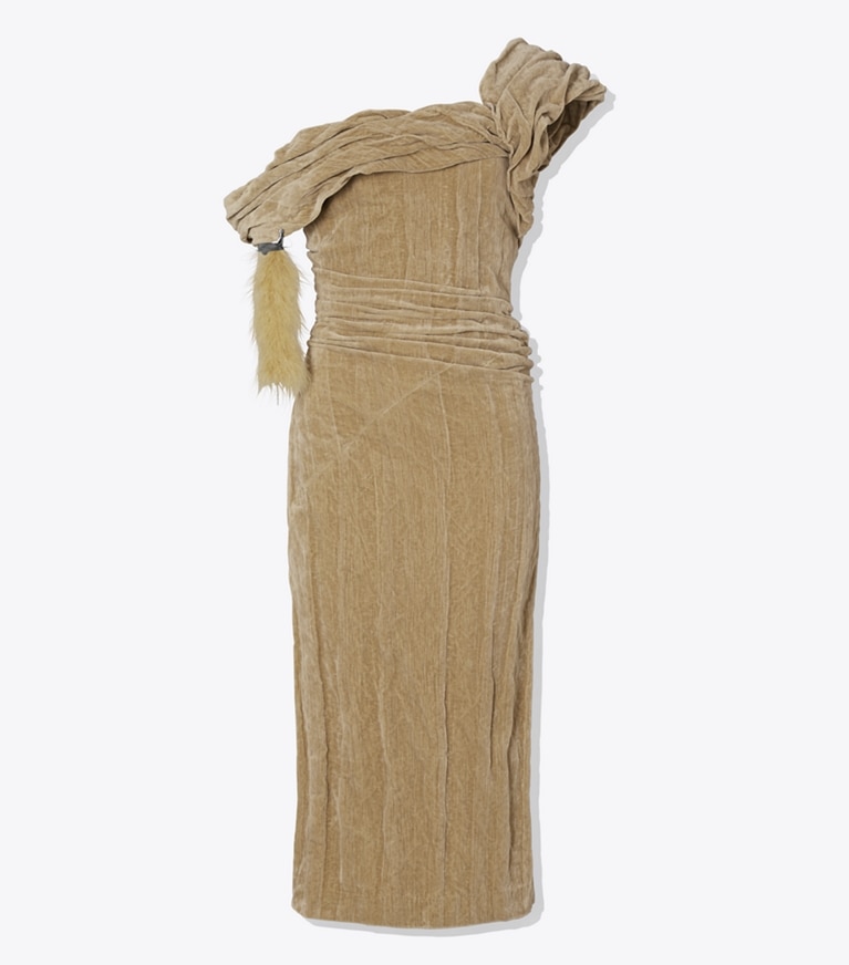 Tory Burch designer dresses Twisted Cotton Velvet Dress in Tan front