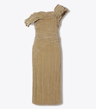 Tory Burch designer dresses Twisted Cotton Velvet Dress in Tan front