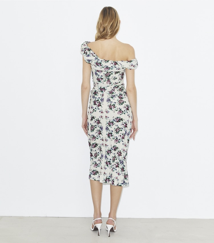 Tory Burch designer dresses Twisted Cotton Velvet Dress in Purple Floral on model back