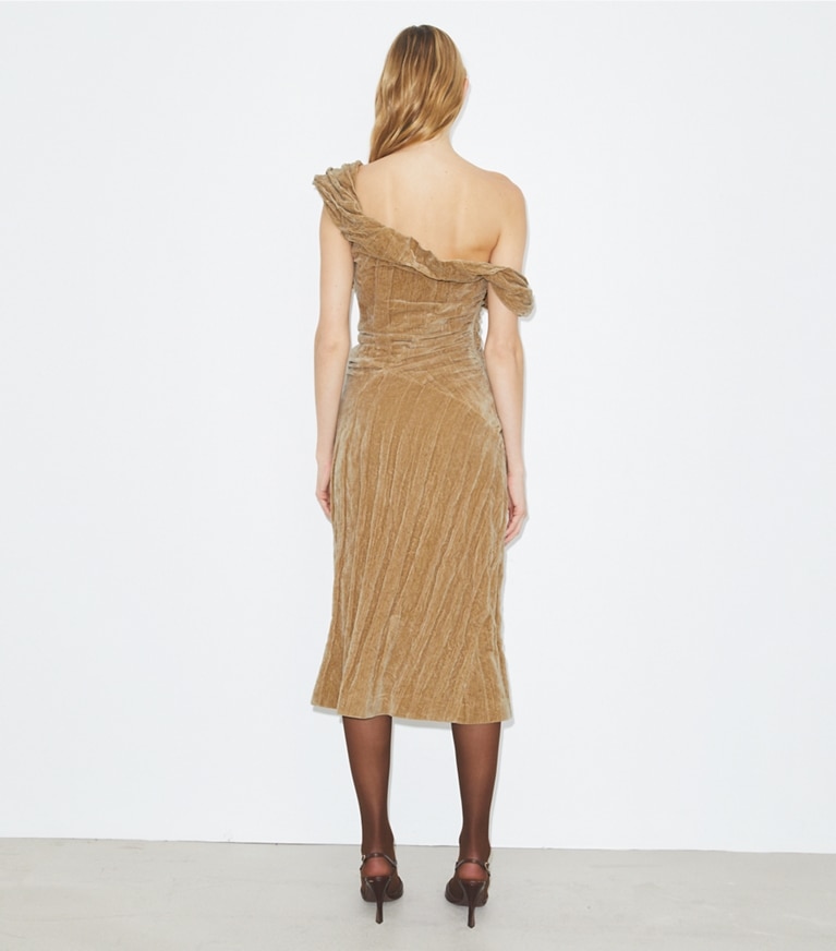 Tory Burch designer dresses Twisted Cotton Velvet Dress in Golden Brown front