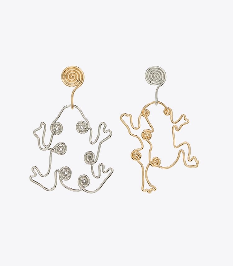 Tory Burch designer earrings Twisted Frog Earring in Tory Gold / Shiny Pewter front