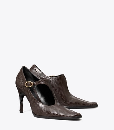Tory Burch designer heels Twisted Heel Monk Strap in CHOCOLATE angle