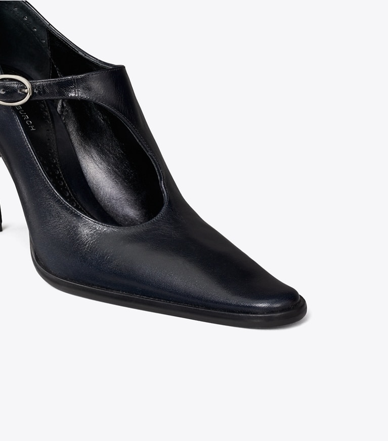 Tory Burch designer heels Twisted Heel Monk Strap in WATERS detail