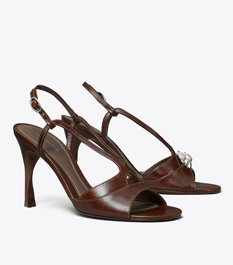 Tory Burch designer sandals Twisted Heel Sandal in BARK BROWN angle