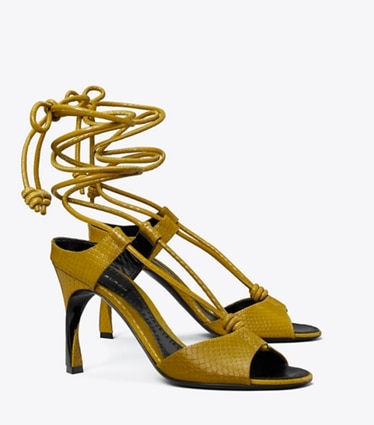 Tory Burch designer sandals Twisted Heel Sandal in SIENNA GOLD angle