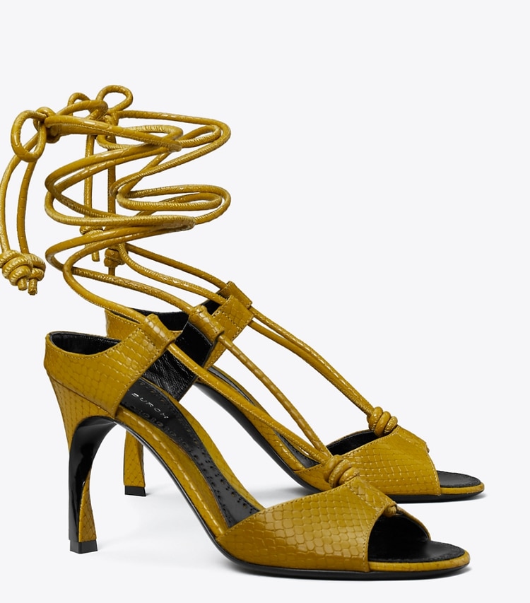 Tory Burch designer sandals Twisted Heel Sandal in SIENNA GOLD angle