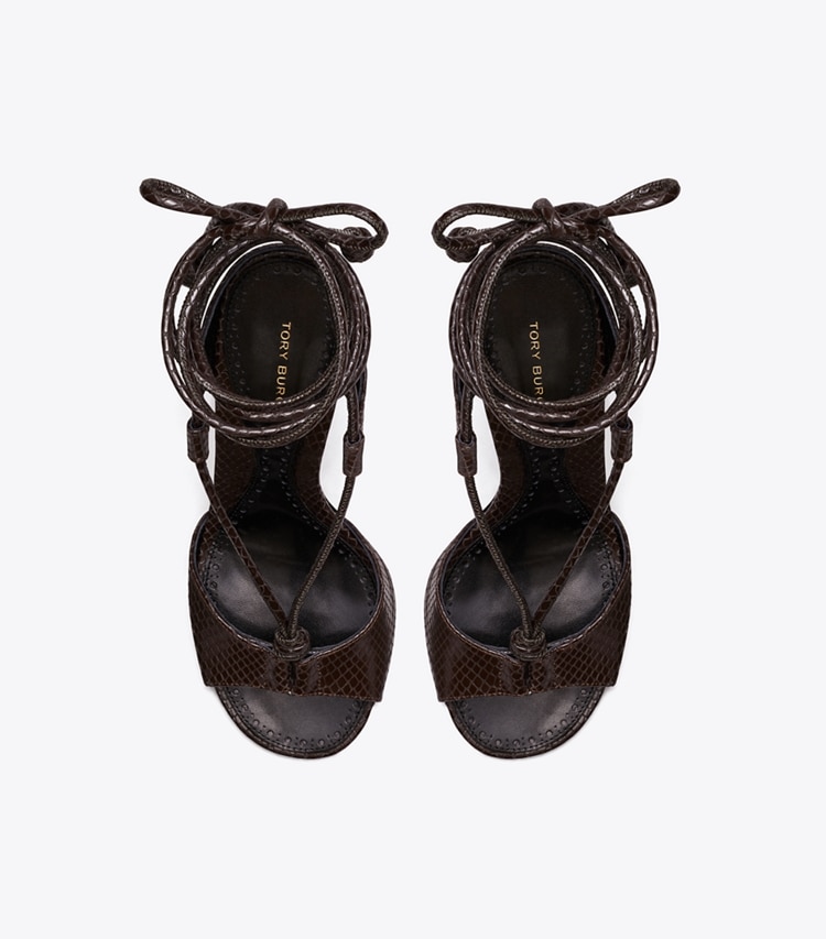 Tory Burch designer sandals Twisted Heel Sandal in CHOCOLATE overhead