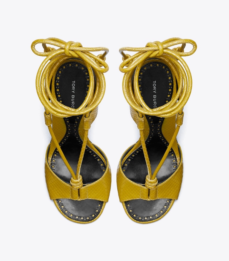 Tory Burch designer sandals Twisted Heel Sandal in SIENNA GOLD overhead