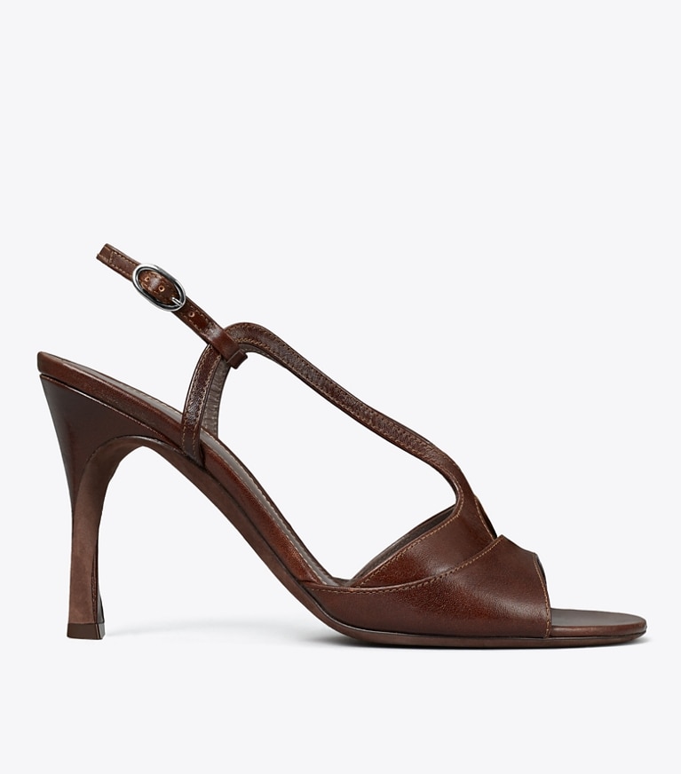 Tory Burch designer sandals Twisted Heel Sandal in BARK BROWN angle
