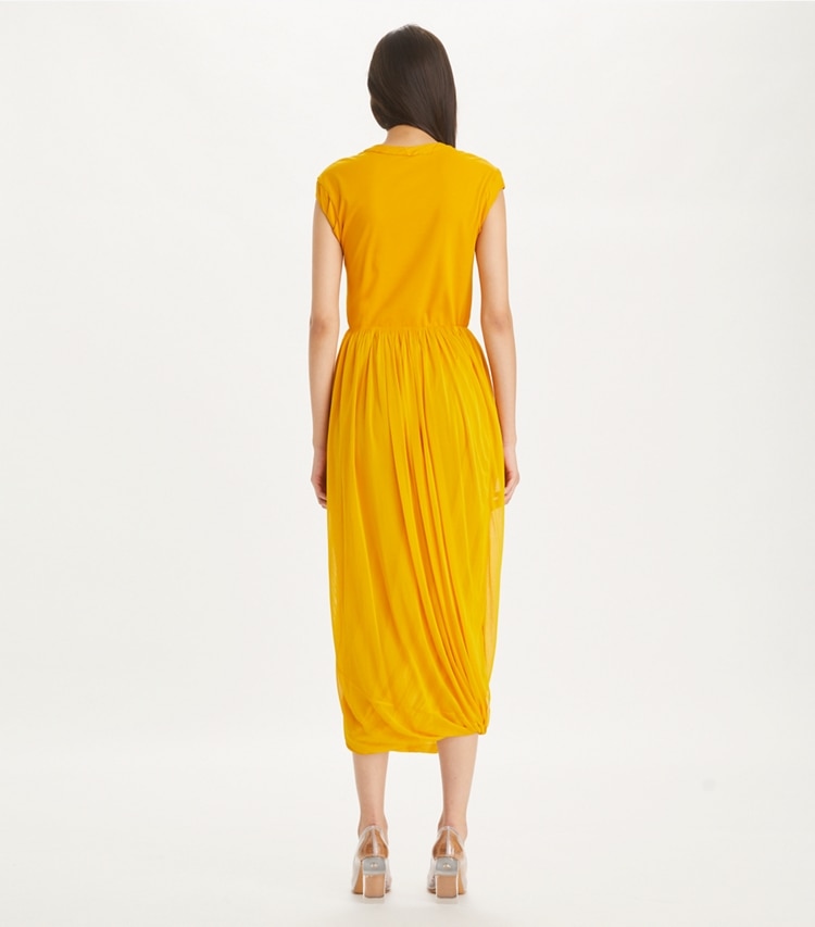 Tory Burch designer tops Twisted Knit Top in Sun on model back