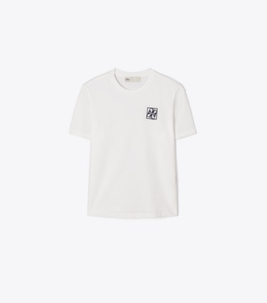 Tory Burch designer トップス ツイスト ロゴ Tシャツ in Snow White front