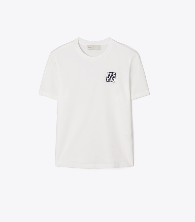 Tory Burch designer tops Twisted Logo T-Shirt in Snow White front