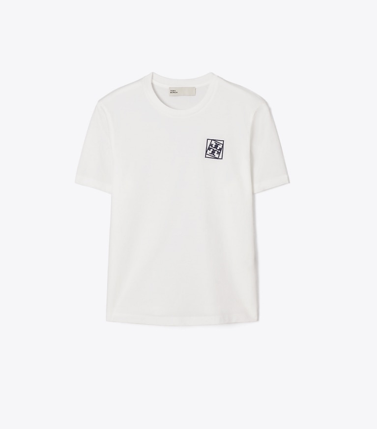Tory Burch designer tops Twisted Logo T-Shirt in Snow White front
