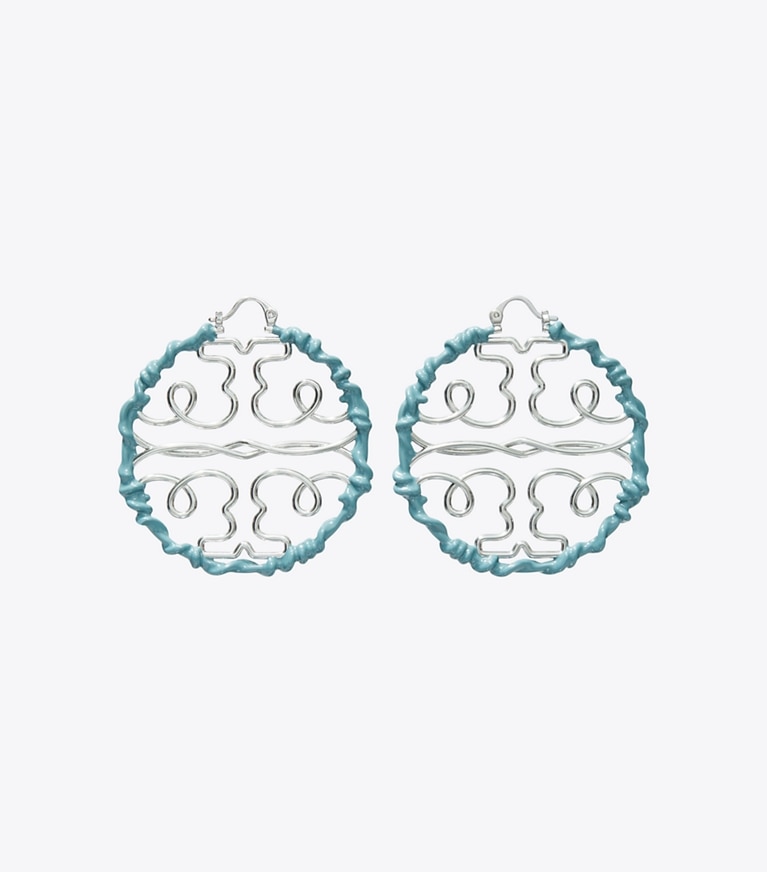 Tory Burch designer earrings Twisted Miller Hoop Earring in Shiny Pewter / Artic front