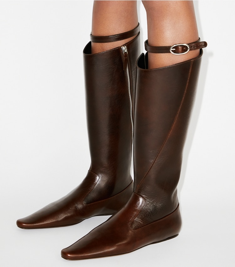 Tory Burch designer knee boots Twisted Riding Boot in BARK BROWN accessory on model