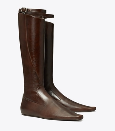 Tory Burch designer knee boots Twisted Riding Boot in BARK BROWN angle