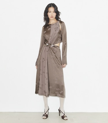 Tory Burch designer dresses Twisted Viscose Dress in Pale Mauve on model front