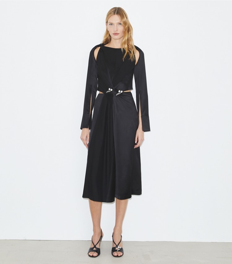 Tory Burch designer dresses Twisted Viscose Dress in Black on model front