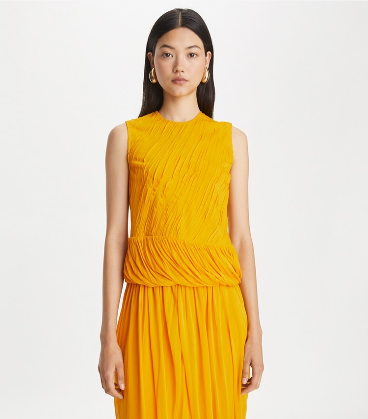 Tory Burch designer tops Twisted Viscose Jersey Top in Sun on model detail