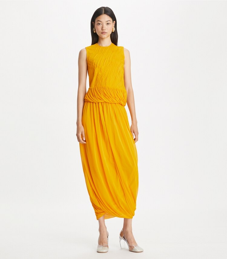 Tory Burch designer tops Twisted Viscose Jersey Top in Sun on model front