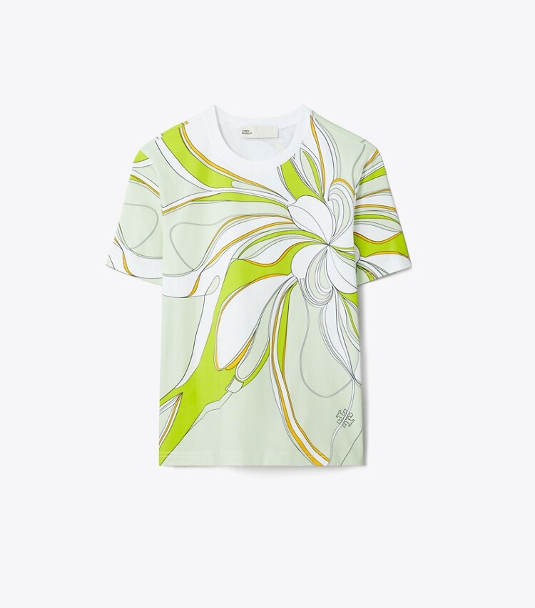 Tory Burch designer トップス ツイストフラワー クラシックTシャツ in Chartreuse Twisty Flower front