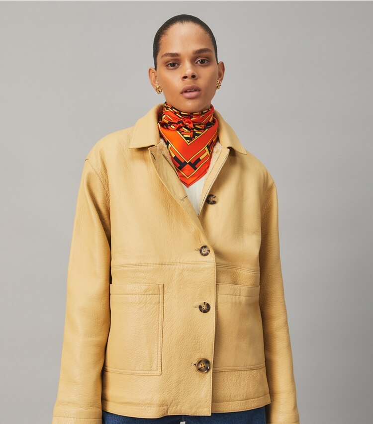 Tory Burch designer scarves Two for T Double-Sided Silk Neckerchief in Tory Navy / Orange accessory on model