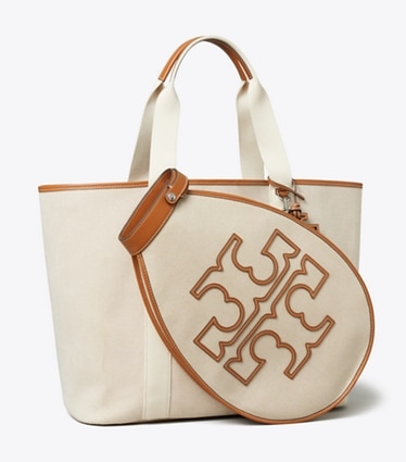 Tory Burch diseñador bolsos tote Two-Tone Canvas Tennis Tote en Natural / Brown ángulo