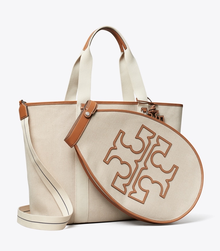 Tory Burch designer tote bags Two-Tone Canvas Tennis Tote in Natural / Brown angle