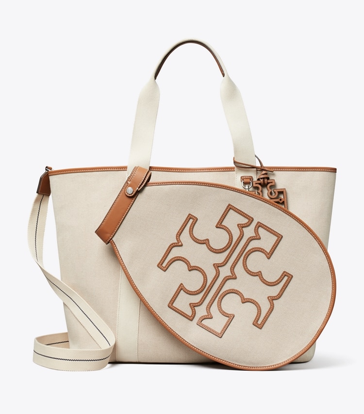 Tory Burch designer tote bags Two-Tone Canvas Tennis Tote in Natural / Brown front