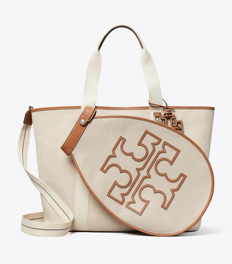 Tory Burch designer tote bags Two-Tone Canvas Tennis Tote in Natural / Brown front