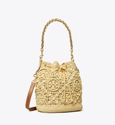 大注目★【Tory Burch】T モノグラム レザー バケット バッグ Tモノグラム レザー ミニ バケットバッグ: レディース クロス