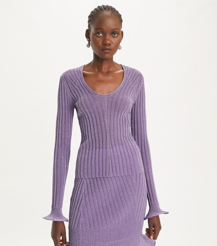 Tory Burch designer sweaters U-Neck Metallic Hoop Top in Bright Lavender on model detail