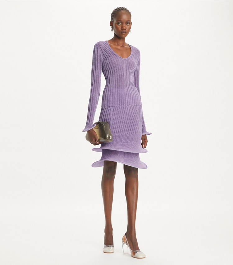 Tory Burch designer sweaters U-Neck Metallic Hoop Top in Bright Lavender on model front