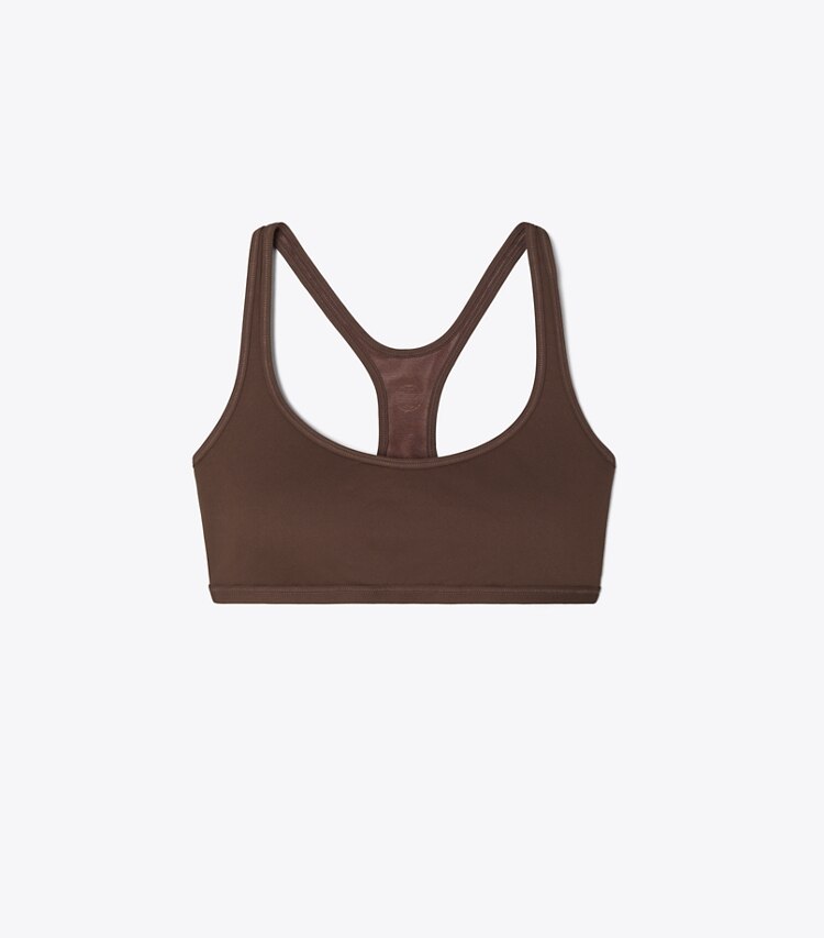 Tory Sport designer sports bras Ultra-Easy Racer Back Bra in Deep Chocolate front