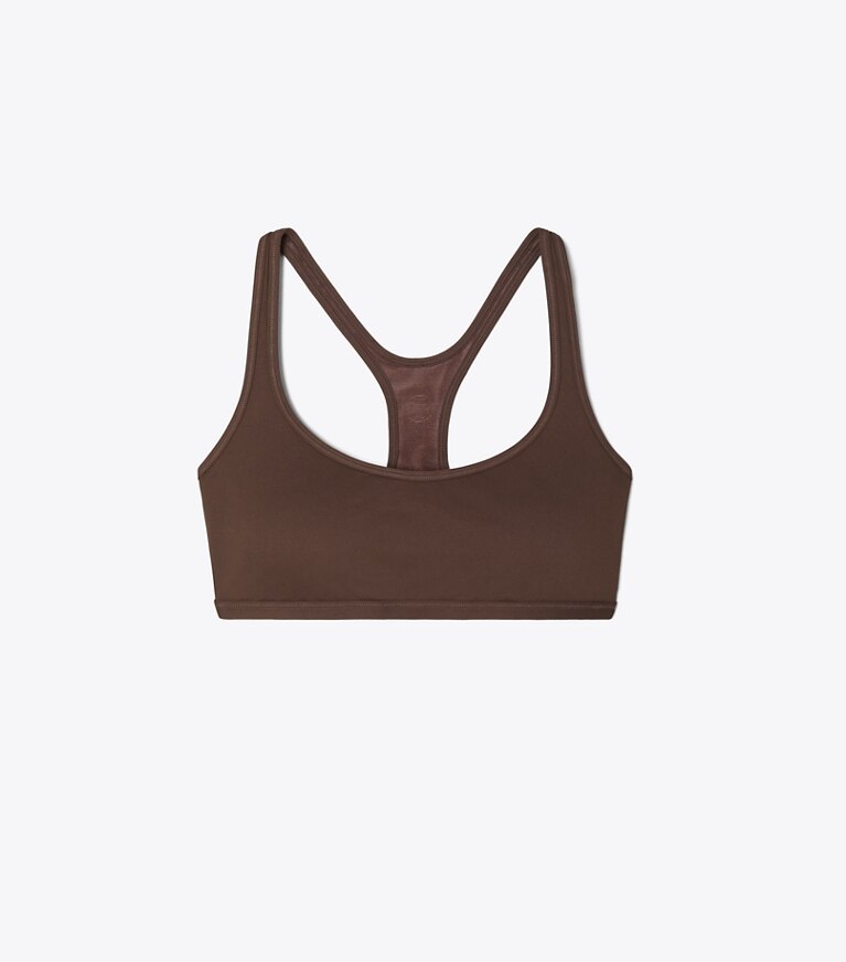 Tory Sport designer sports bras Ultra-Easy Racer Back Bra in Deep Chocolate front