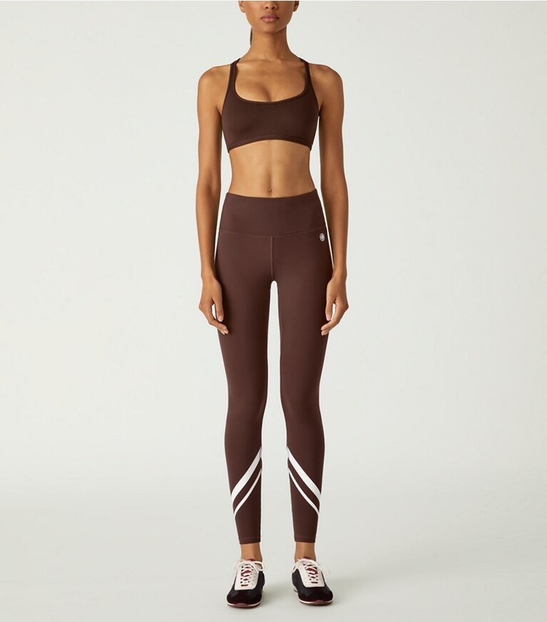 Tory Sport designer sports bras Ultra-Easy Racer Back Bra in Deep Chocolate front