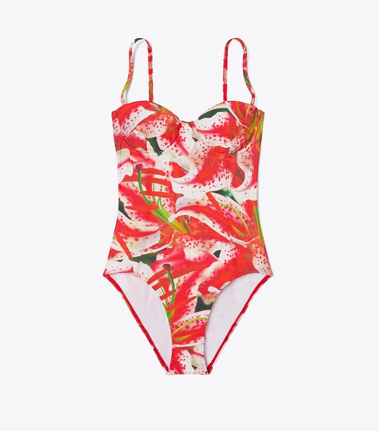 Tory Burch designer one pieces Underwire Swimsuit in Pink Lily front
