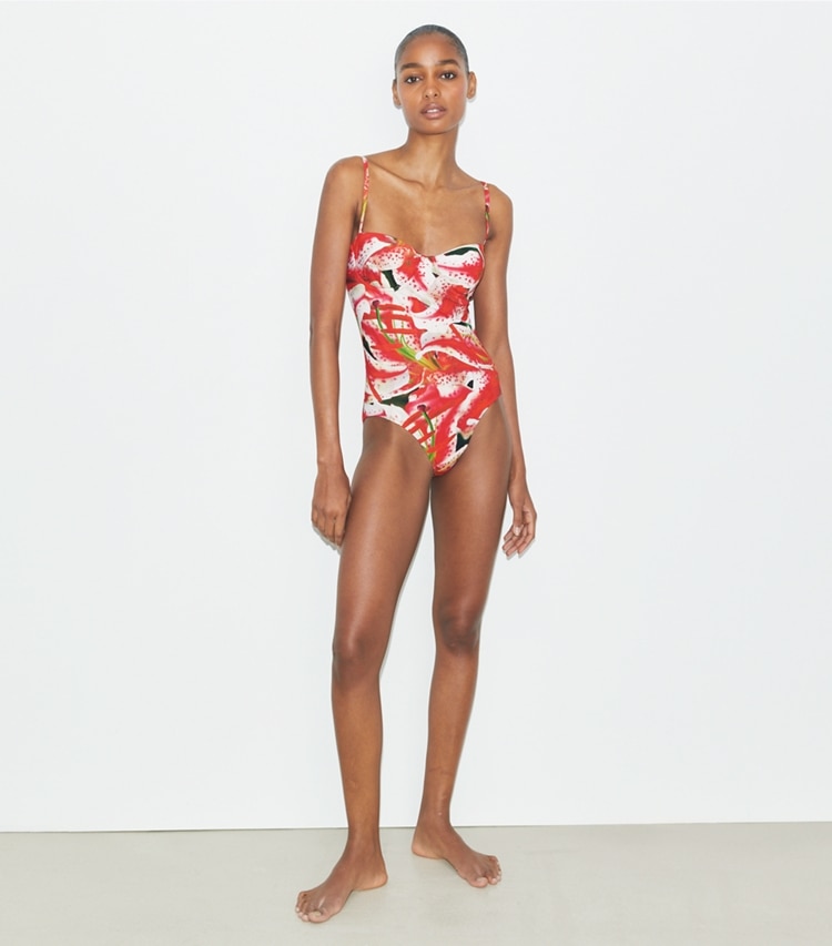Tory Burch designer one pieces Underwire Swimsuit in Pink Lily on model front