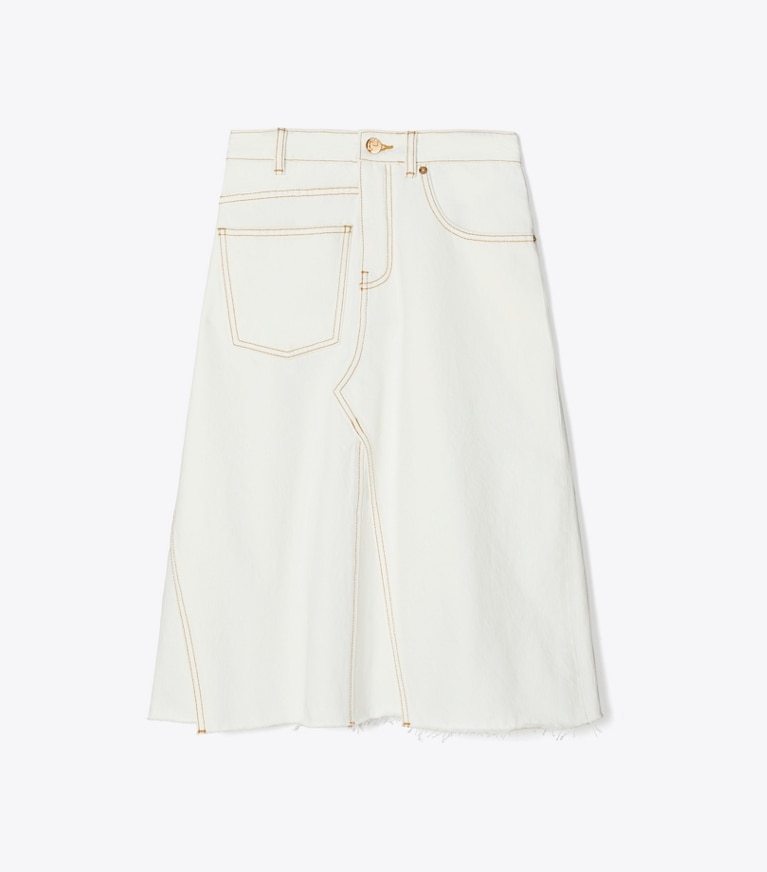 Tory Burch designer unterteile Unstrukturierter Jeansrock in White Chalk Wash front