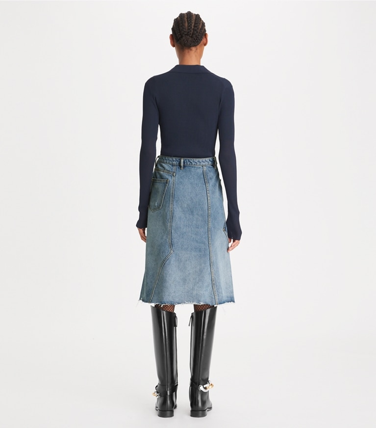 Tory Burch designer unterteile Unstrukturierter Jeansrock in Worn Vintage Wash front