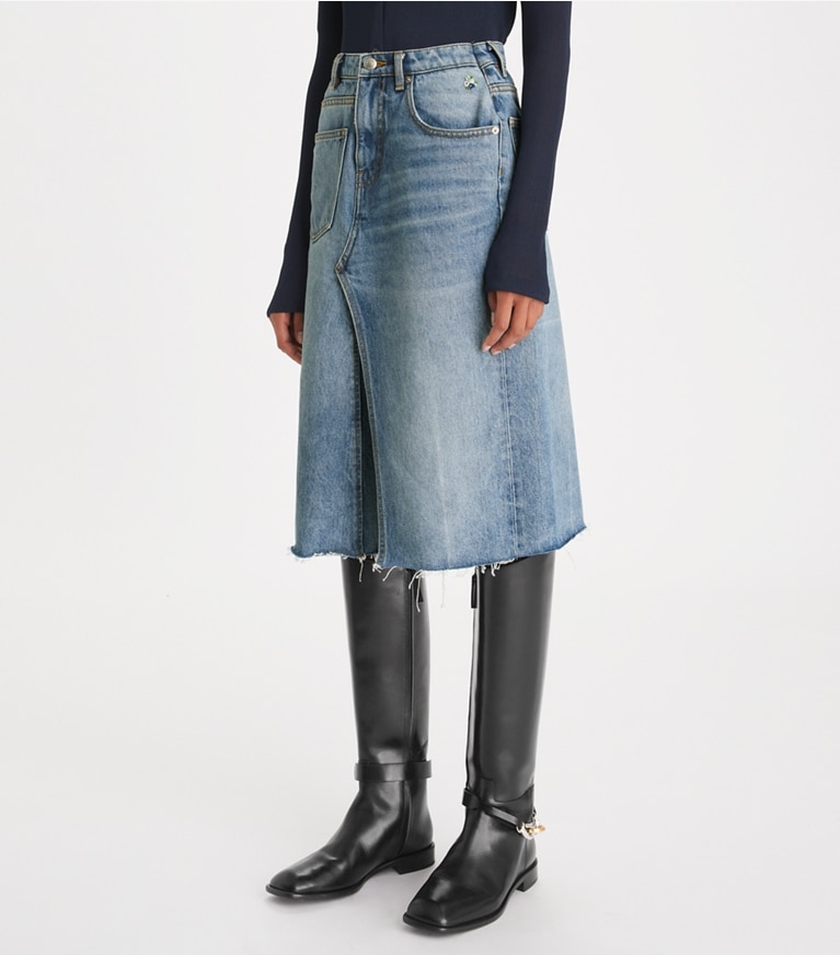 Tory Burch designer unterteile Unstrukturierter Jeansrock in Worn Vintage Wash front